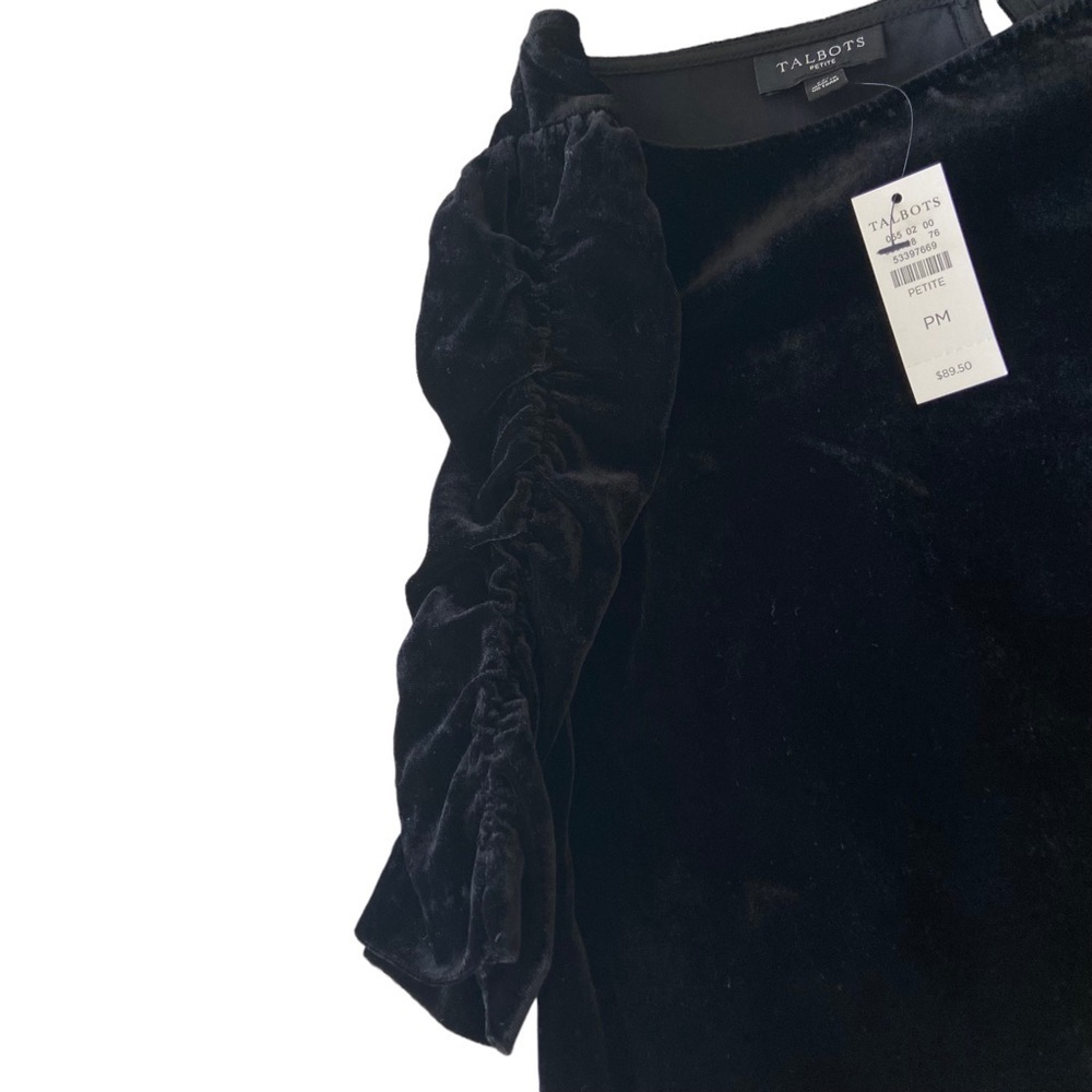 Talbots Women's Black Velour Blouse Top Ruched Short Sleeves Button Back PM NWT - Picture 7 of 14